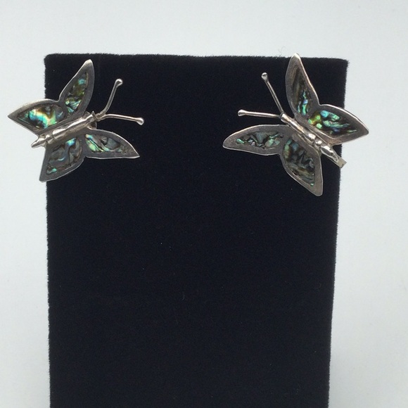 Butterfly Sterling Silver & Abalone Screw Back Earrings Vintage, Whimsical. - Picture 2 of 7